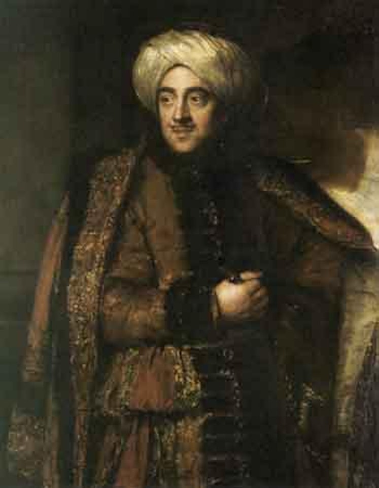 Portrait of a gentleman in an elaborate cloak holding a sword by Dutch School