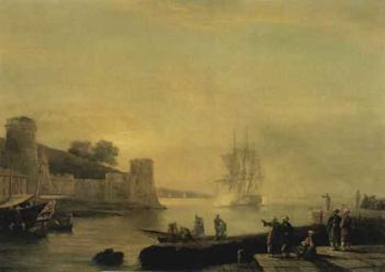 Busy levantine port with ottoman traders in the foreground by Thomas Luny