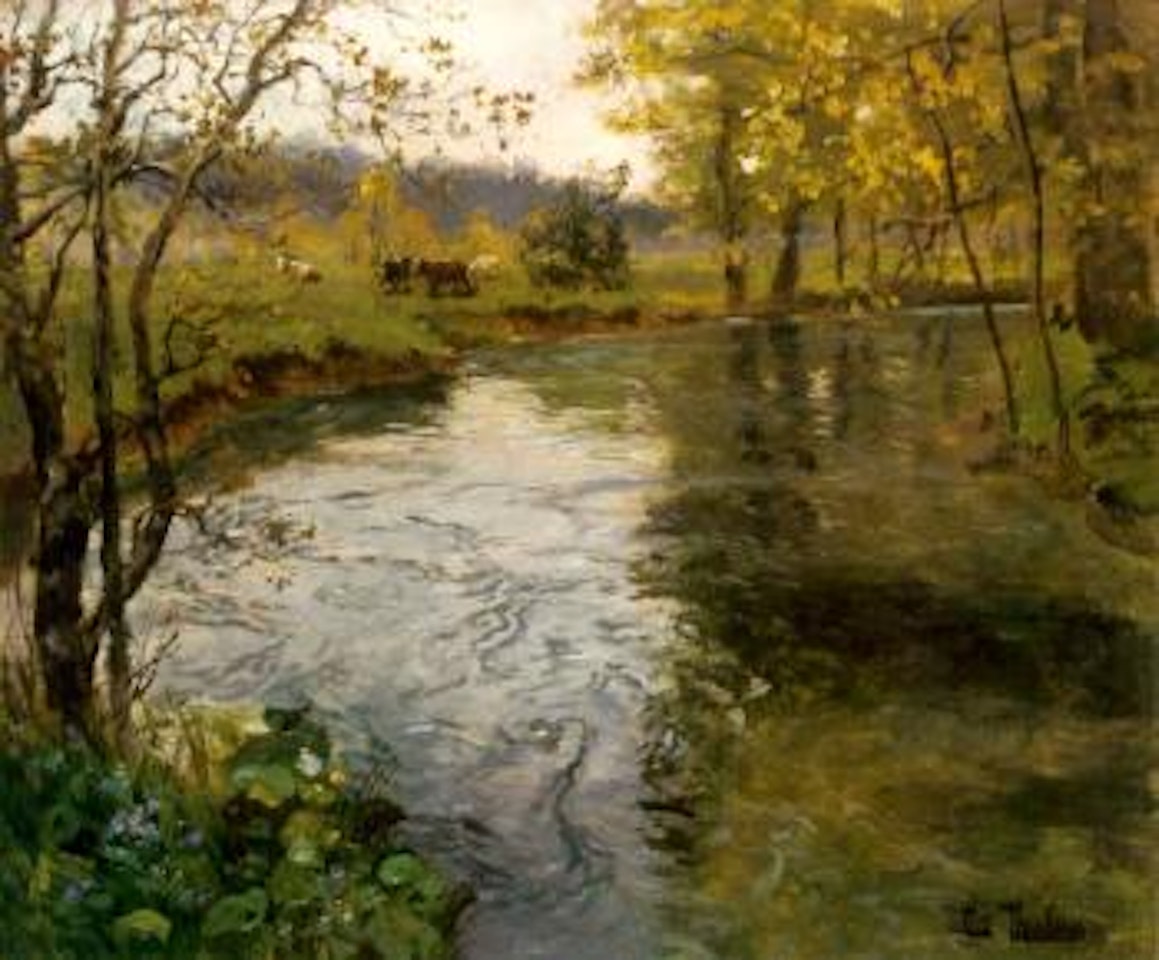 Landscape with cow by a stream by Fritz Thaulow