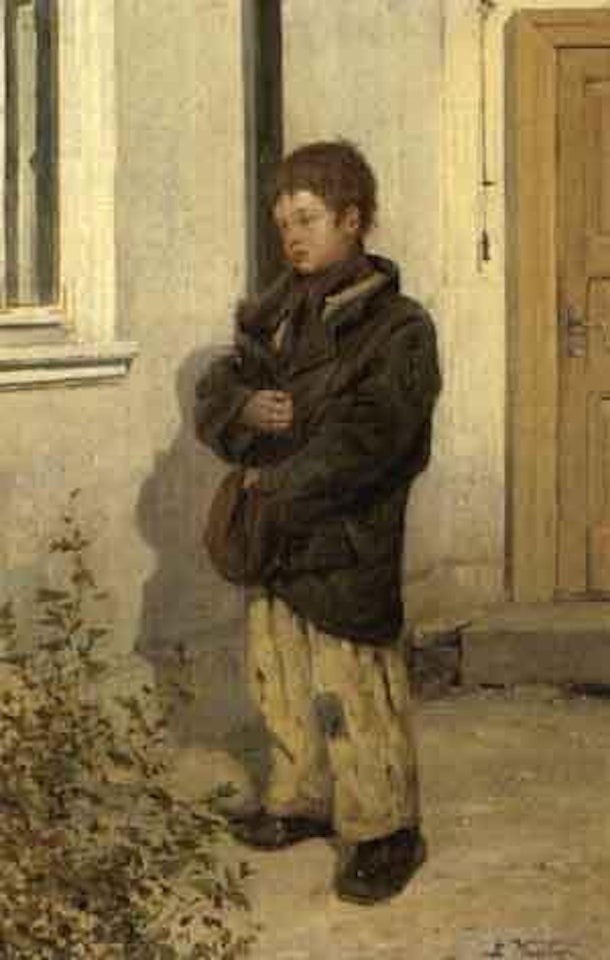 Young boy clutching his jacket and hat by Vladimir Makovsky