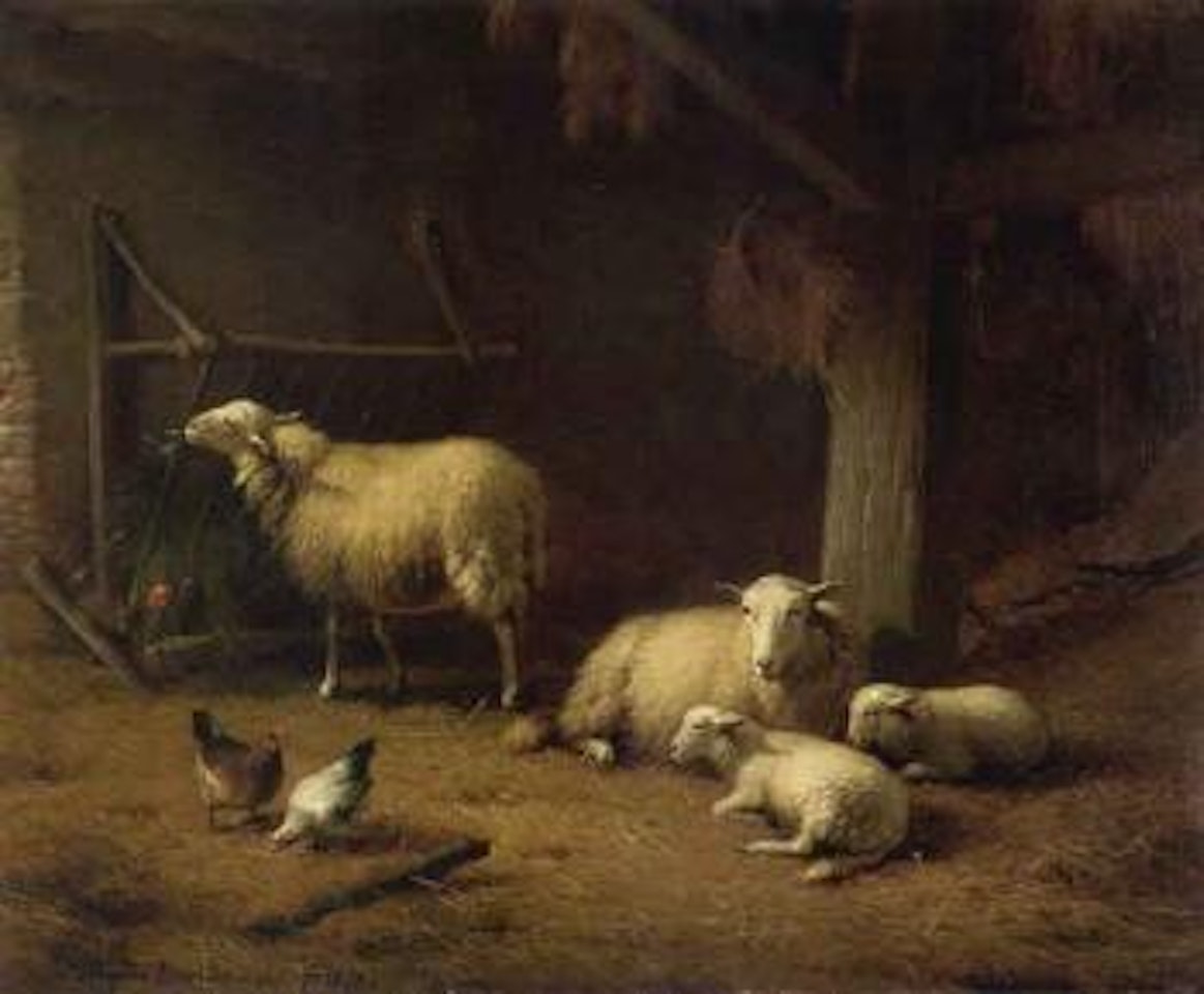 Barn interior with sheep and chickens by Eugène Joseph Verboeckhoven