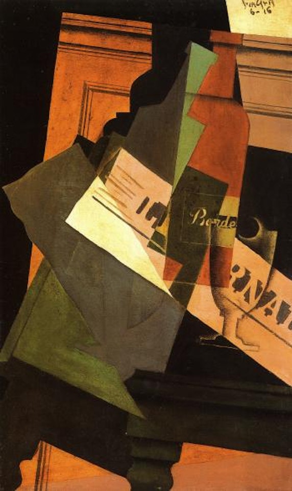 Bouteille, verre et journal by Juan Gris