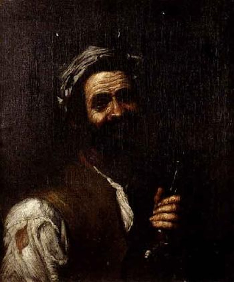 Portrait of man holding bottle of wine by Jusepe de Ribera