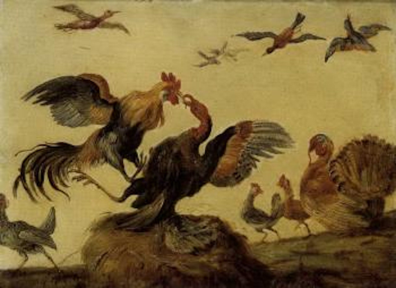 Cock fight. Hens and chicks in farm yard by Jan Van Kessel The Elder