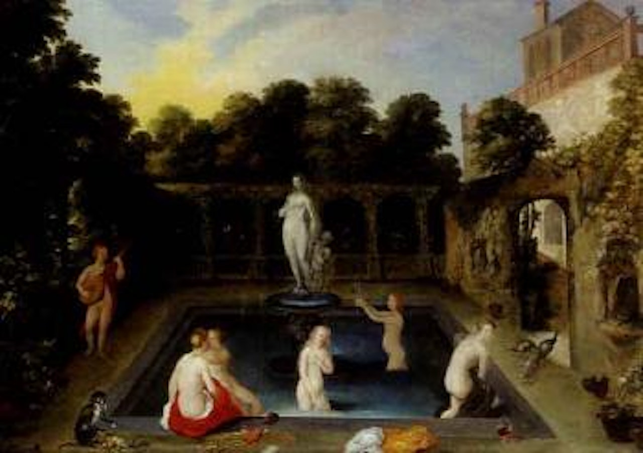Bathers by fountain of classical building by Adriaen van Stalbemt