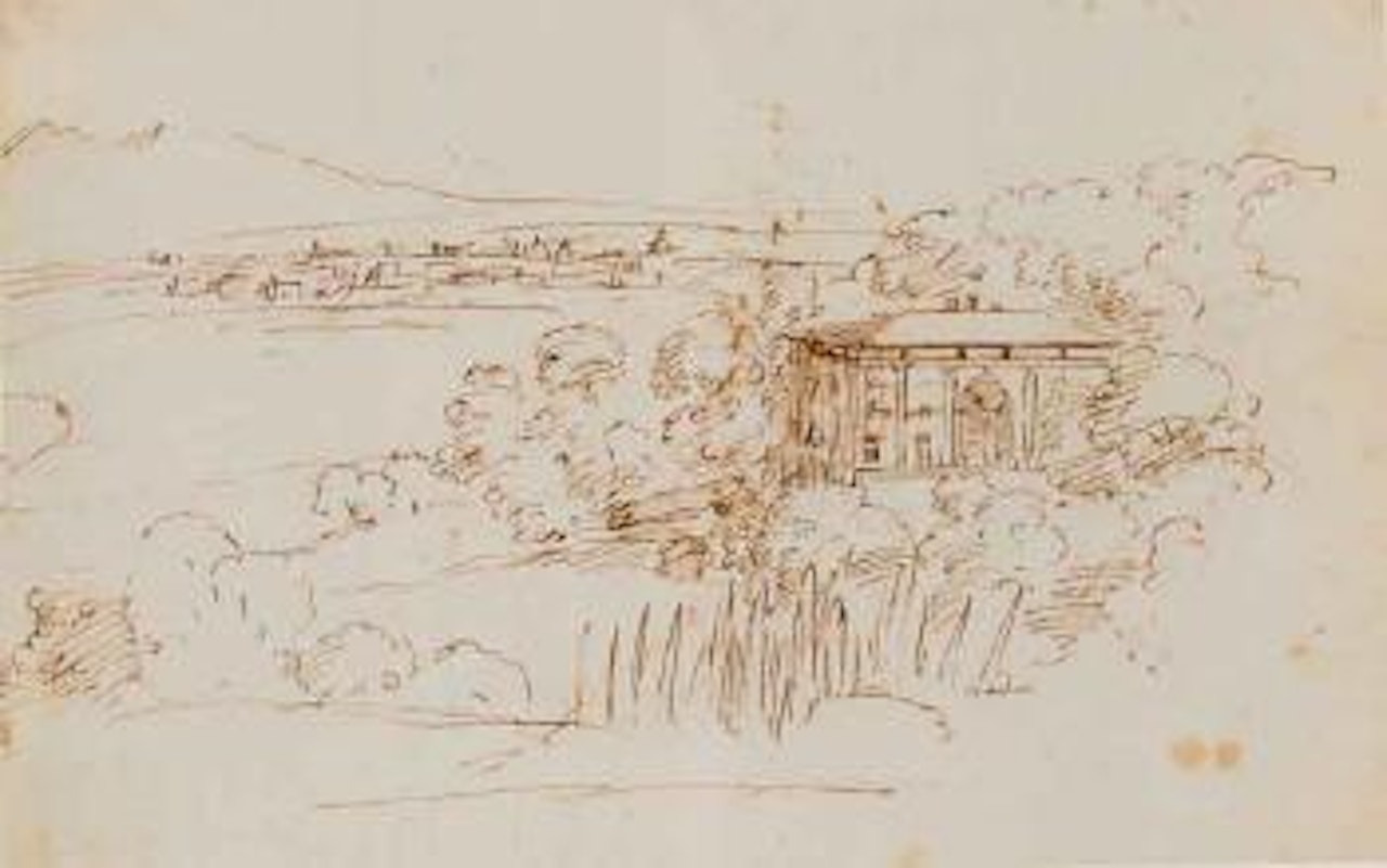 View of Villa Madama, Rome. Studies of trees and figures by Pier Francesco Mola