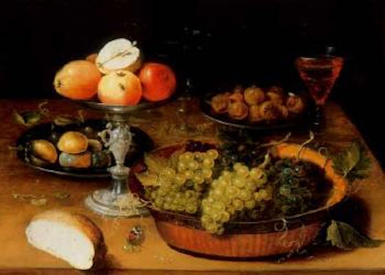 Apples, grapes, prunes and bread on table by Osias Beert