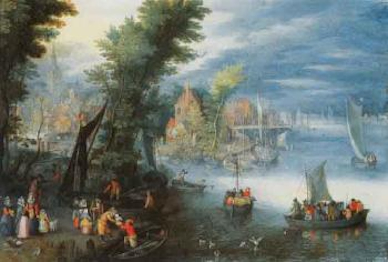 River landscape with figures on boats by Jan Brueghel the Younger