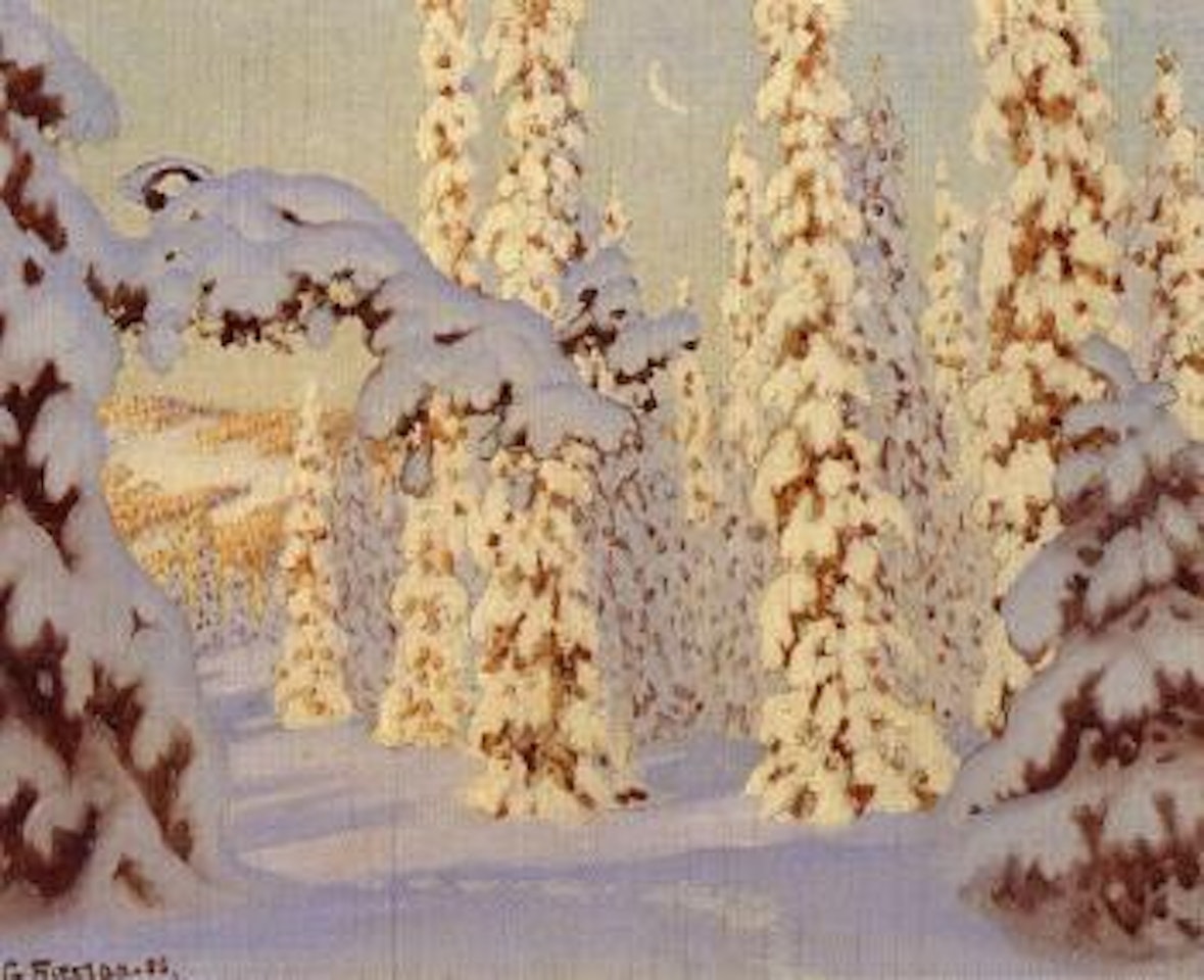 Snow covered pine trees by Gustaf Fjaestad