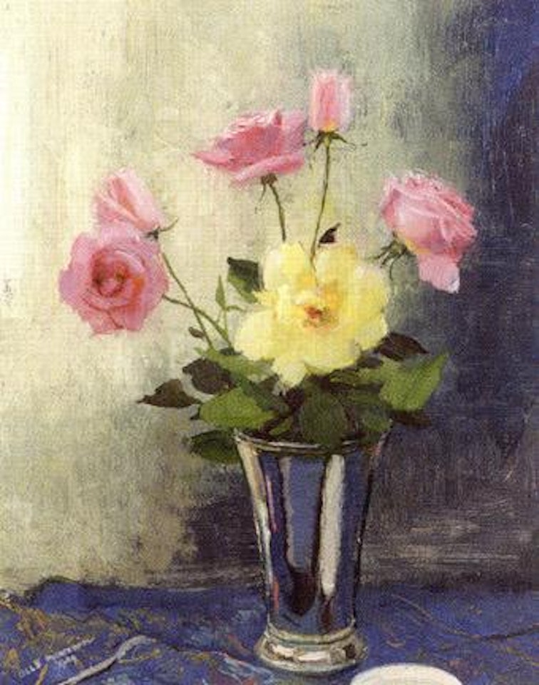 Still life of yellow and pink roses by Olle Hjortzberg