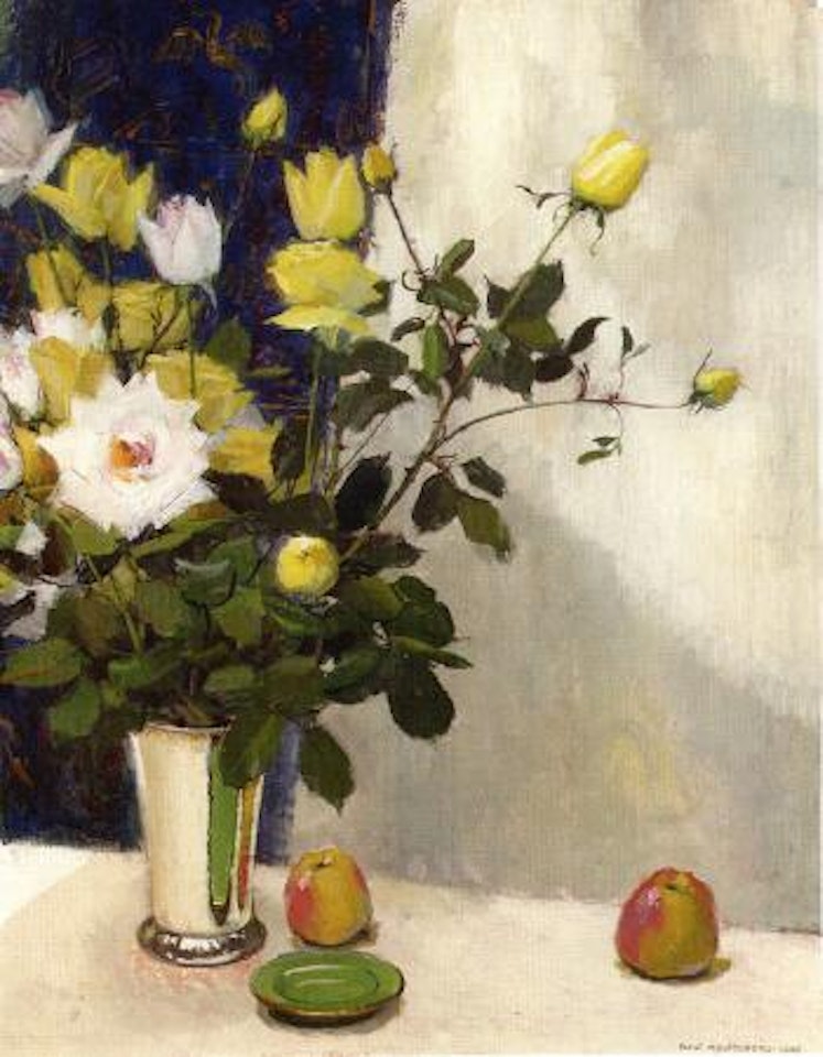 Still life of roses in silver vase and apples by Olle Hjortzberg