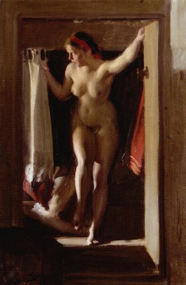 Bed in the attic - nude female standing by doorway by Anders Zorn