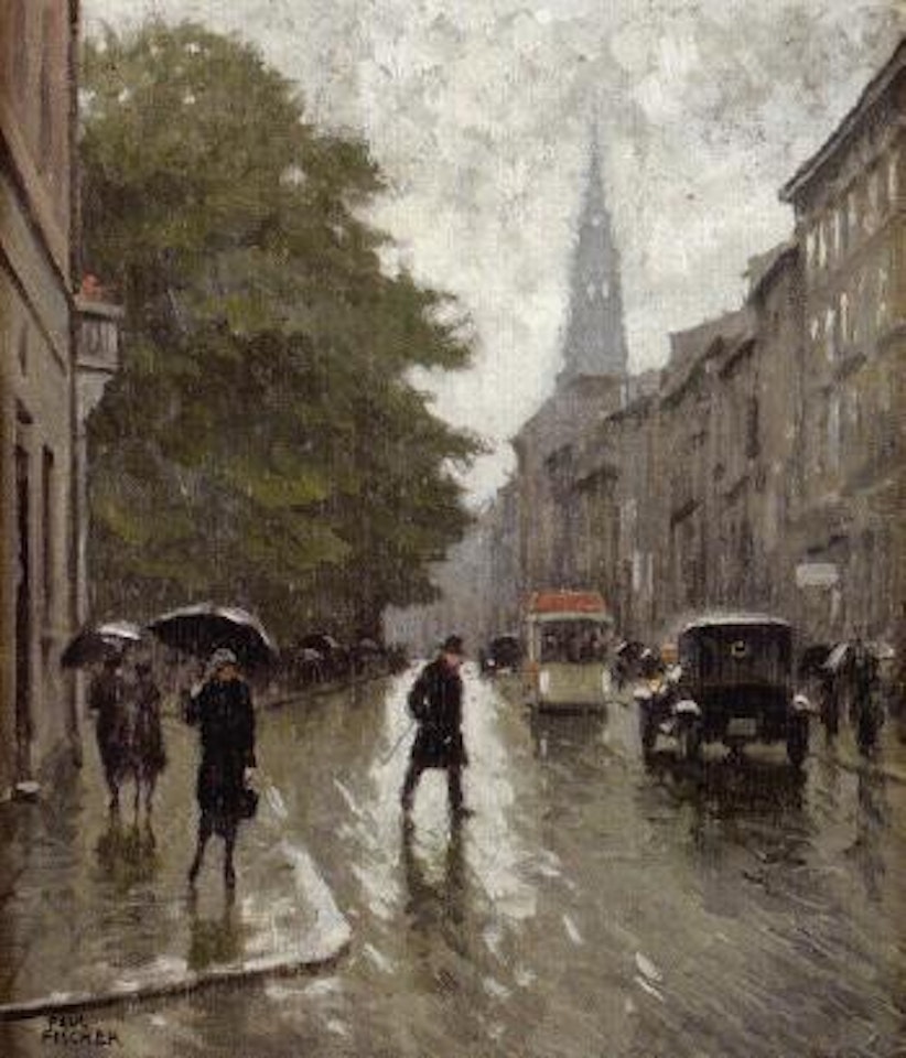Vimmelskaftet, Amagertorv with figures in the rain by Paul Fischer