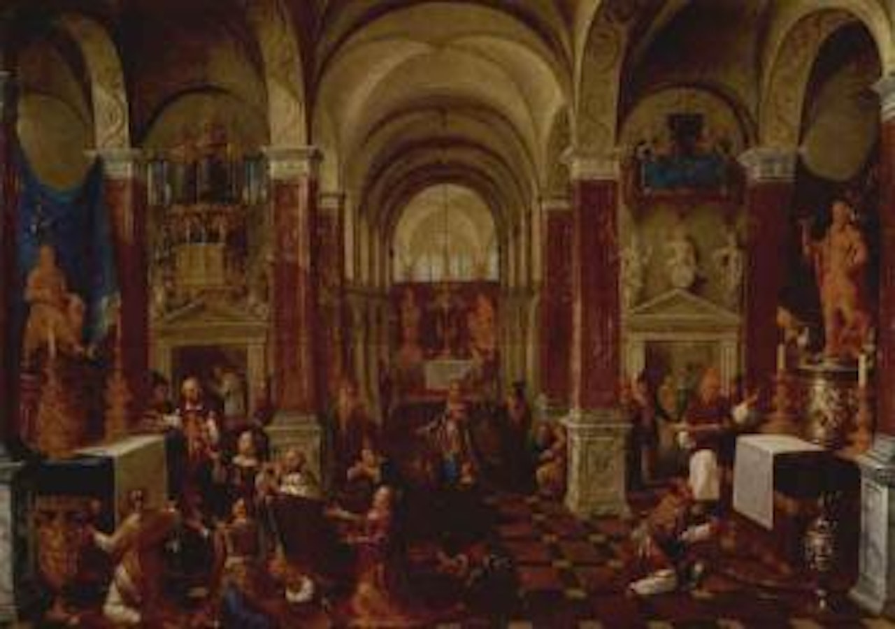 Salomon's idol-worship, temple interior with figures praying by German School