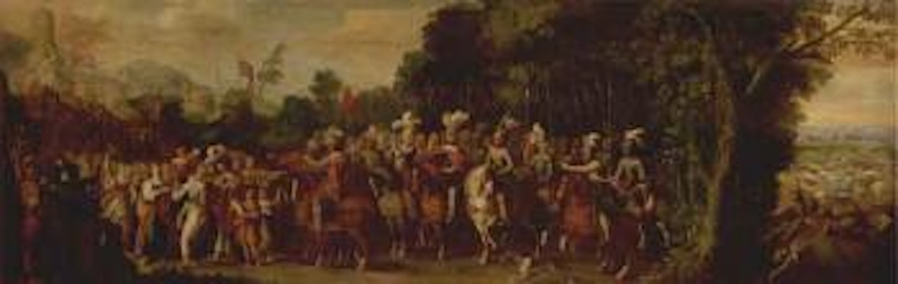 Homage to the victory by town gate - cavalry and figures by Flemish School