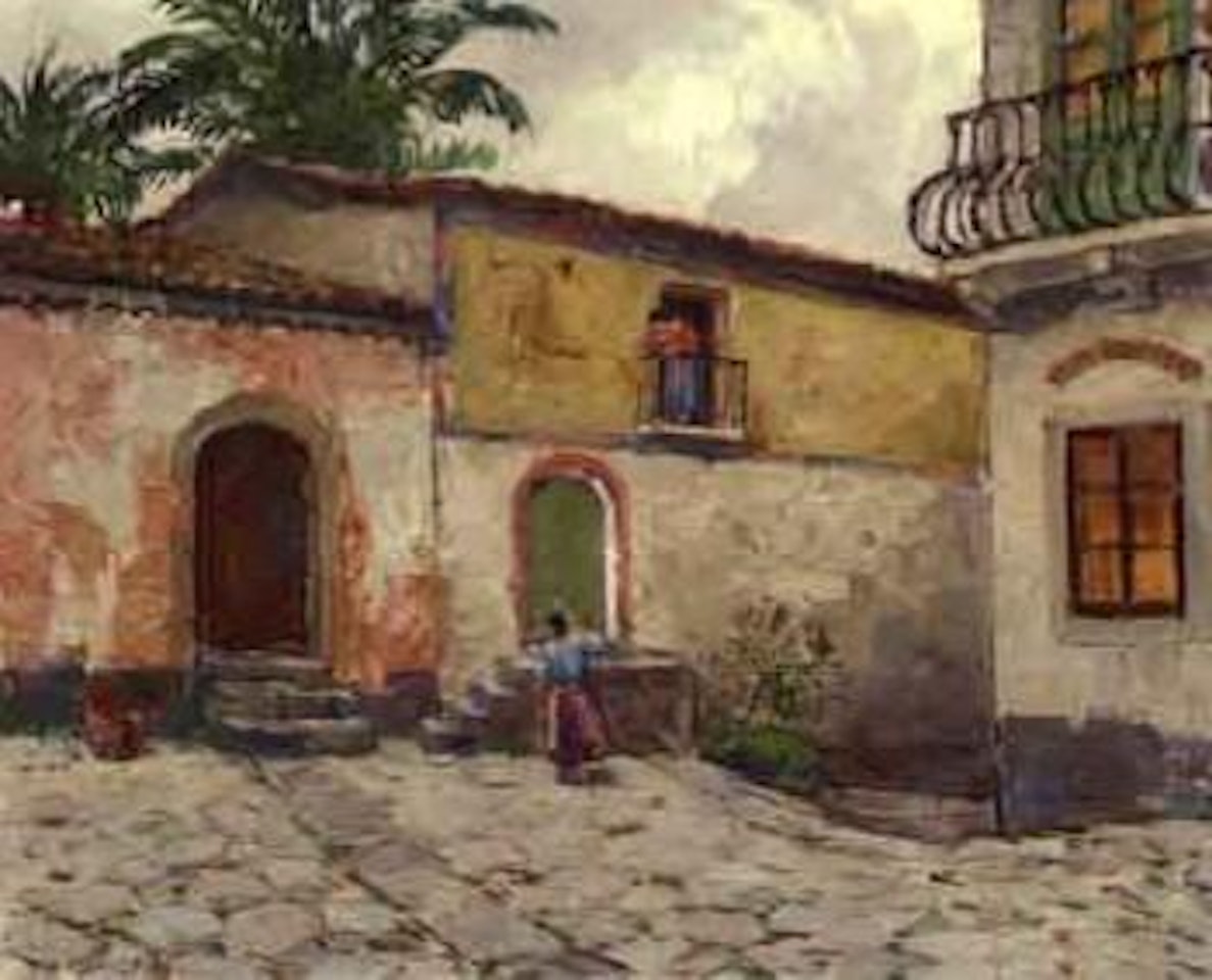 Woman talking on street in Taormina - southern town scene by Olle Hjortzberg