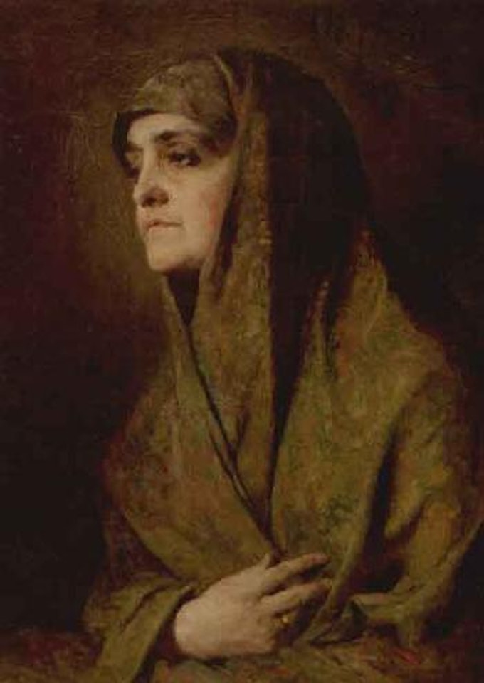 Portrait of woman wearing green shawl by Ilya Yefimovich Repin