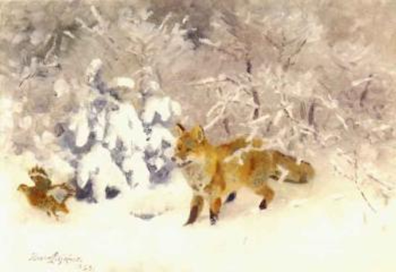 Winter landscape with fox and grouse by Bruno Liljefors