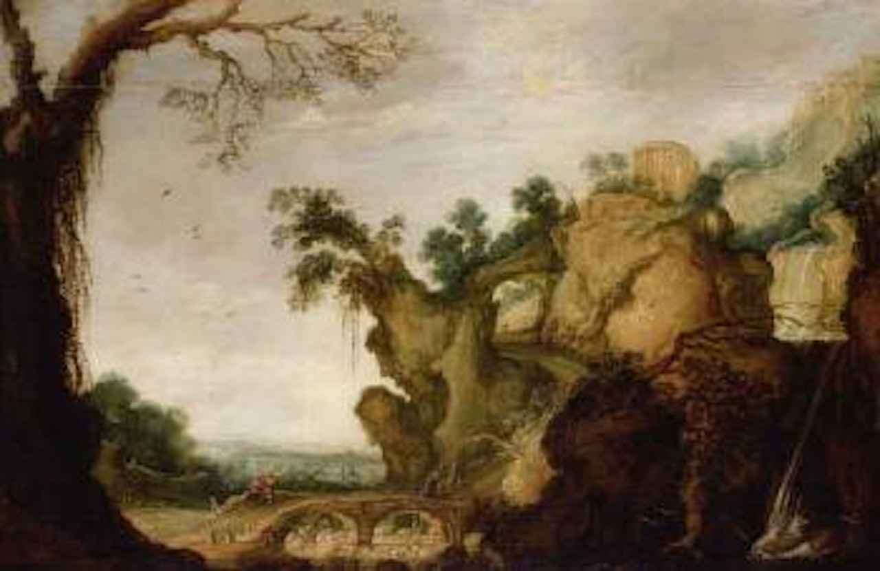 Mountain landscape with figures by Jacob Jacobsz van Geel