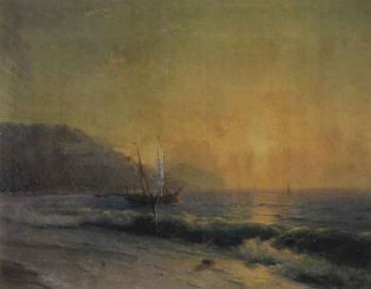 Coastal scene at sunset with a frigate offshore by Ivan Konstantinovich Aivazovsky