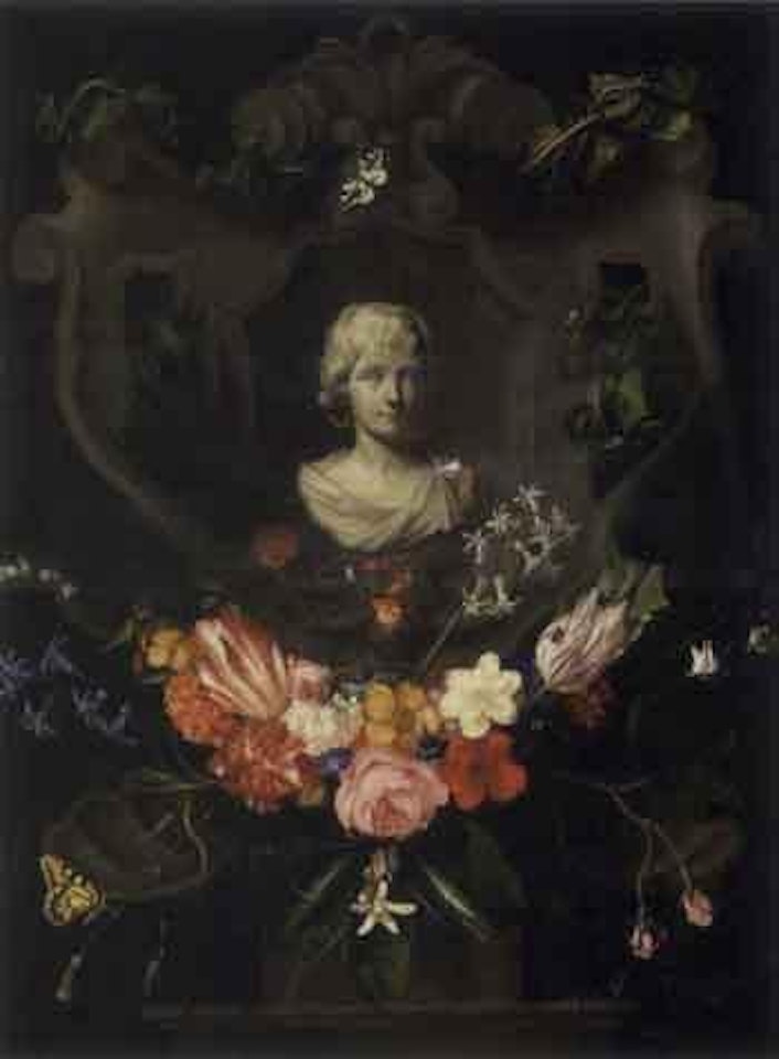 Still life with a spray of flowers and a cartouche of a child by Jan van den Hecke by Erasmus Quellinus II