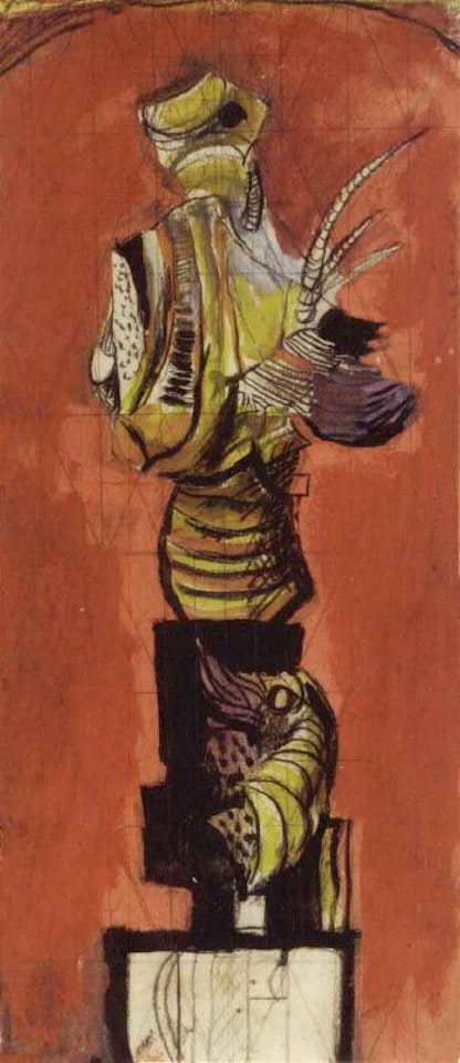 Standing form, red background by Graham Sutherland
