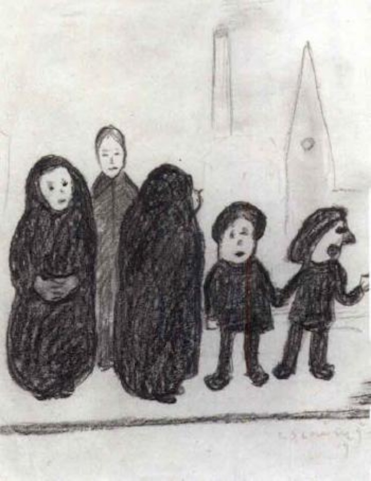 Five figures with church spire by Laurence Stephen Lowry