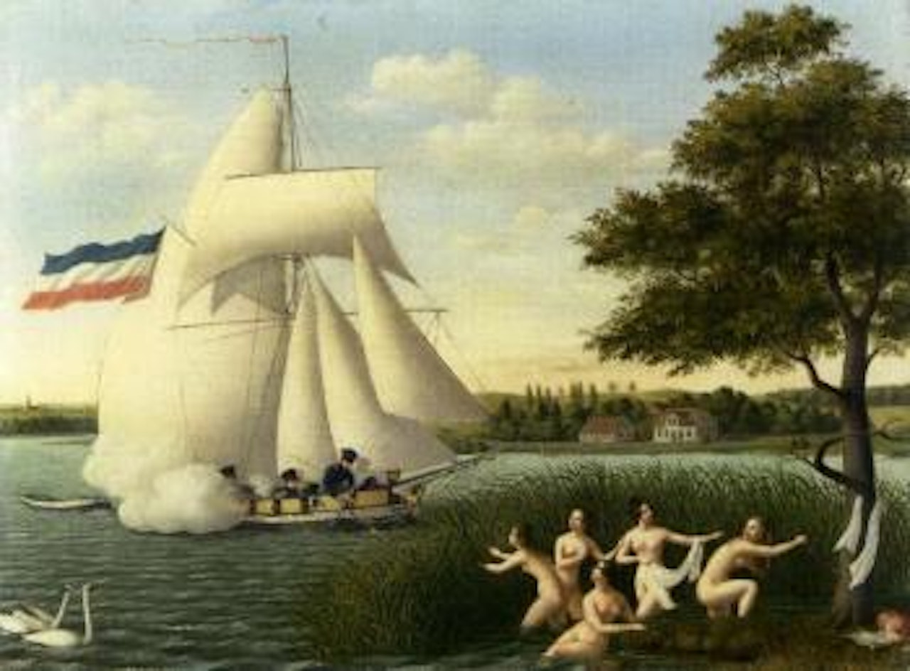 Baigneuses pourchassees par des chausseurs en bateau by French School