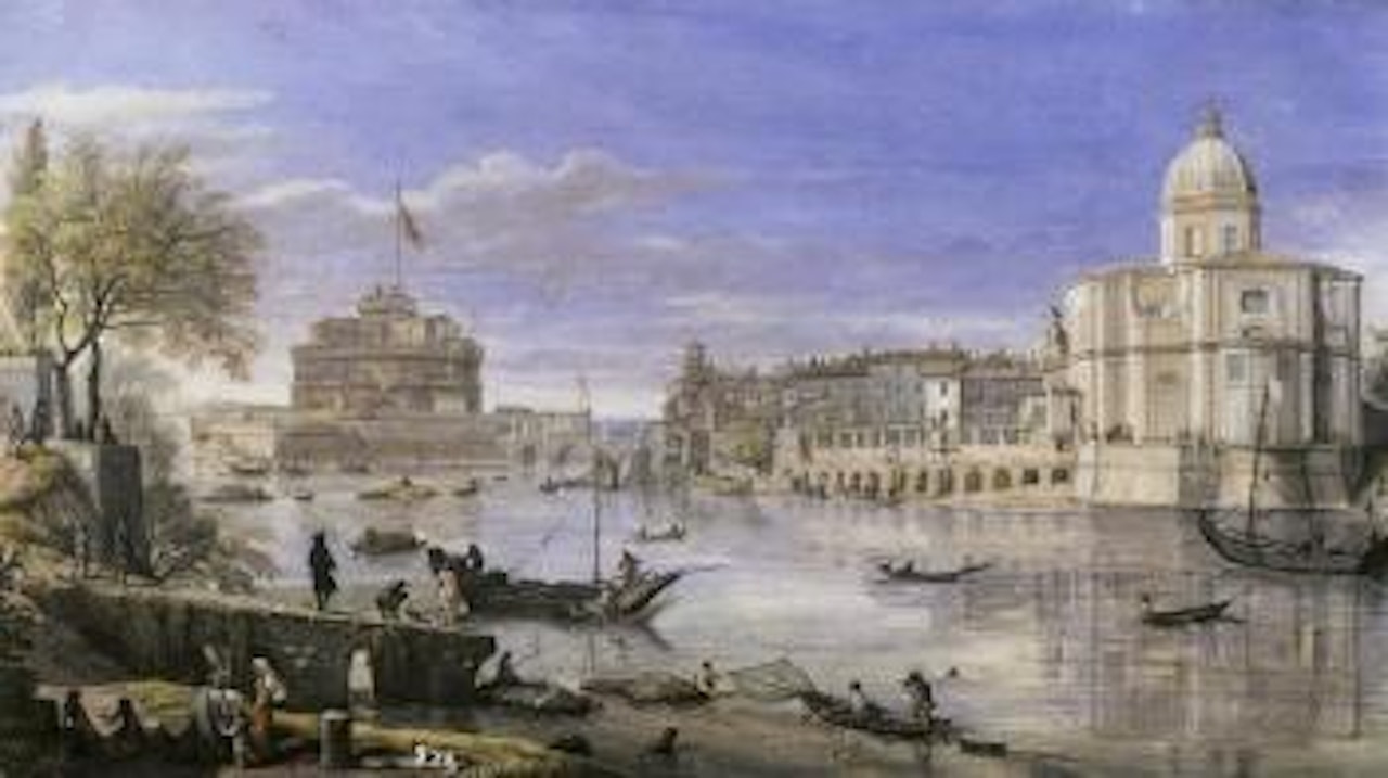 View of the Tiber with Castel Sant'Angelo and a church by Gaspar van Wittel