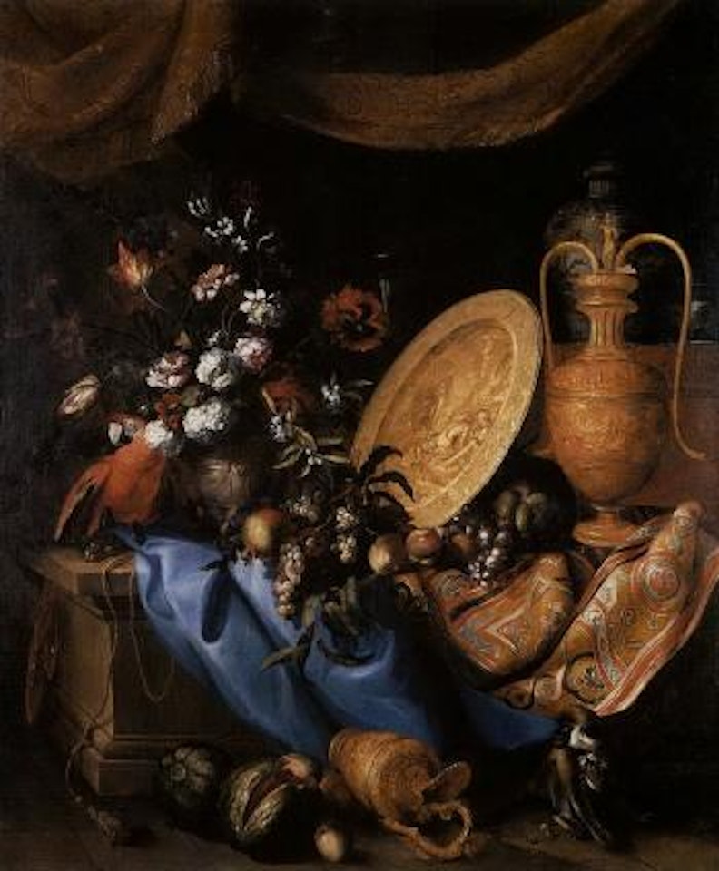 Nature morte au bouquet de fleurs, perroquet, singe, fruits et aiguiere sur entablement orne by Jean Baptiste Monnoyer