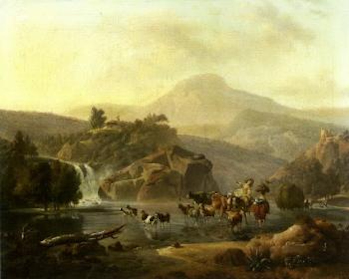 Traversee du gue dans un paysage rocheux by French School