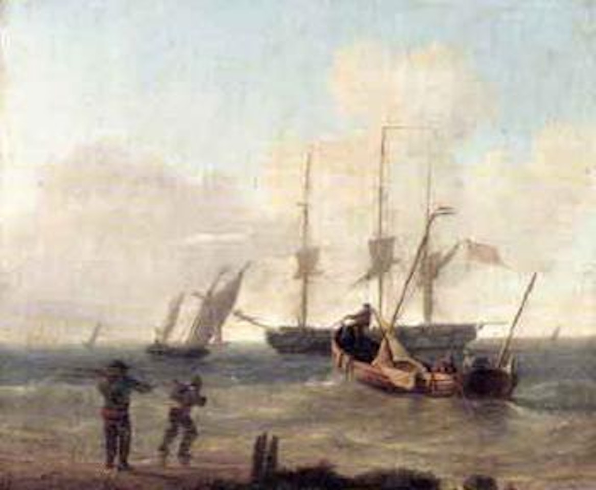 Brig and other shipping in rough seasoff the coast. Dutch barges in a calm off the coast by Charles Martin Powell