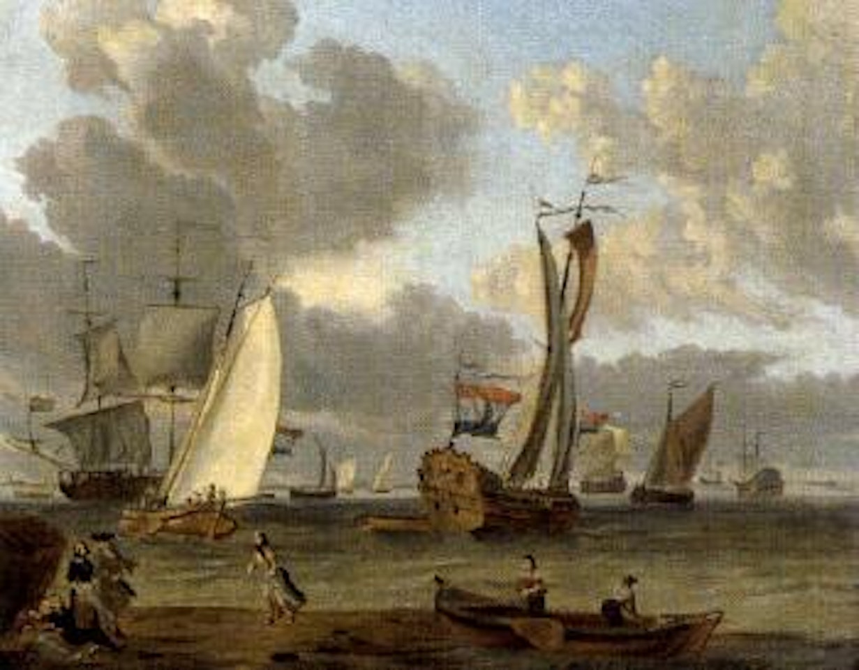 Beach with ships and figures by Abraham Storck