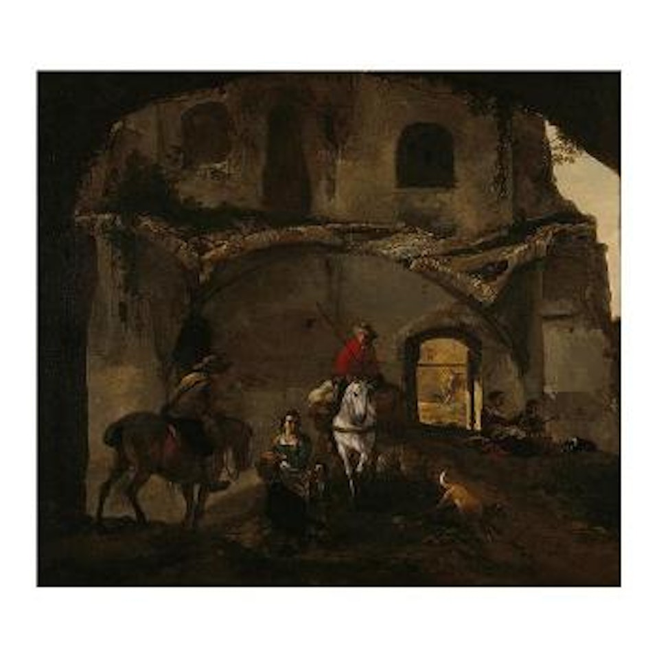 Italianate landscape with two riders and other figures by Philips Wouwerman