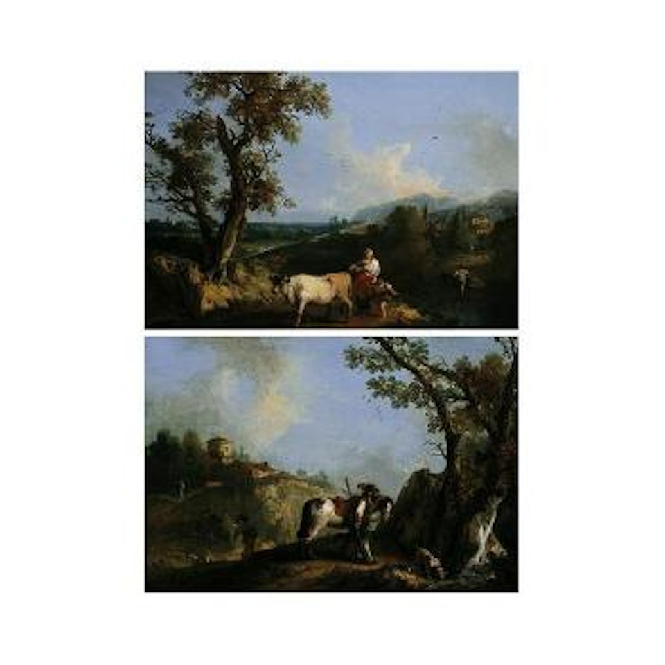 Italianate landscape with huntsman resting by stream. Italianate landscape with peasants driving cow by Francesco Zuccarelli