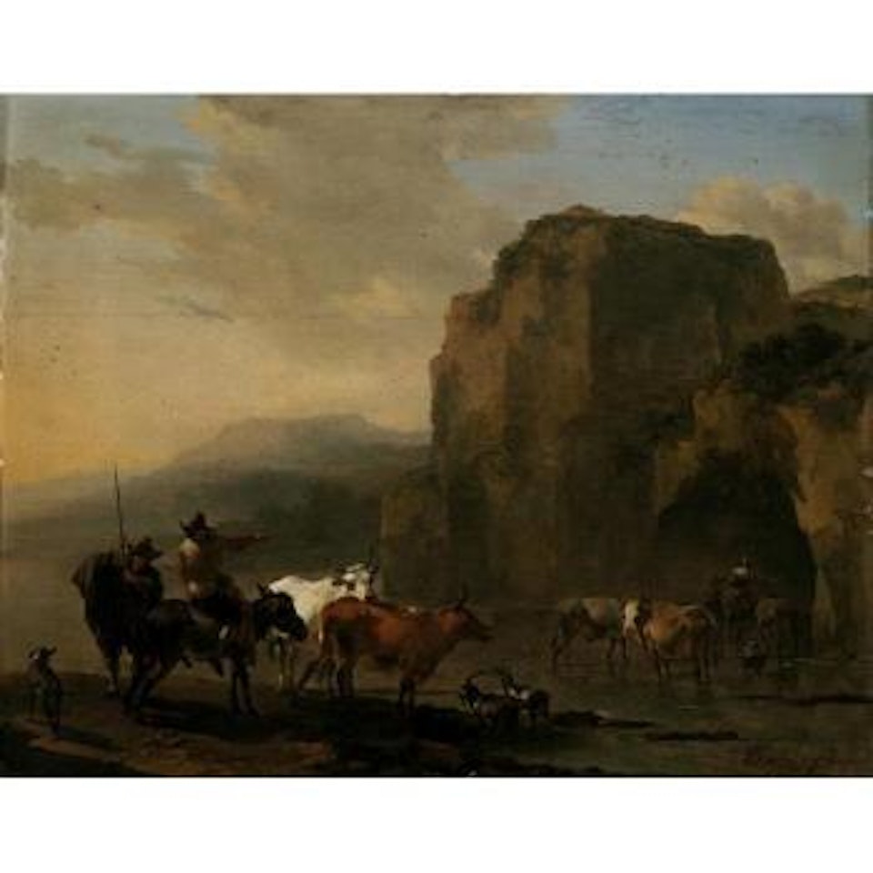 Italianate landscape with herders, cattle and goats by Nicolaes Pietersz Berchem