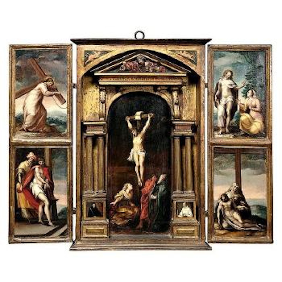 Crucifixion set an architectural niche, and four figures scenes by Spanish School