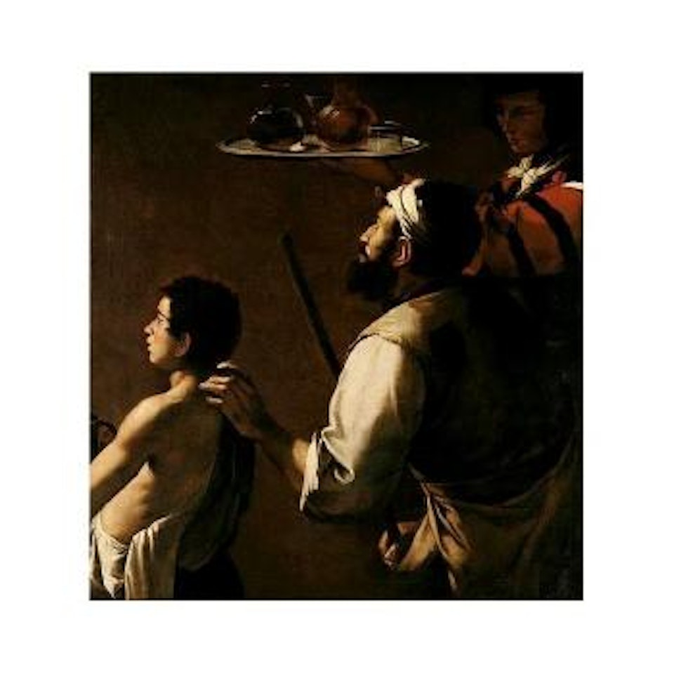 Blind beggar being led by a boy, servant holding up a tray with glasses and decanters by Mattia Preti
