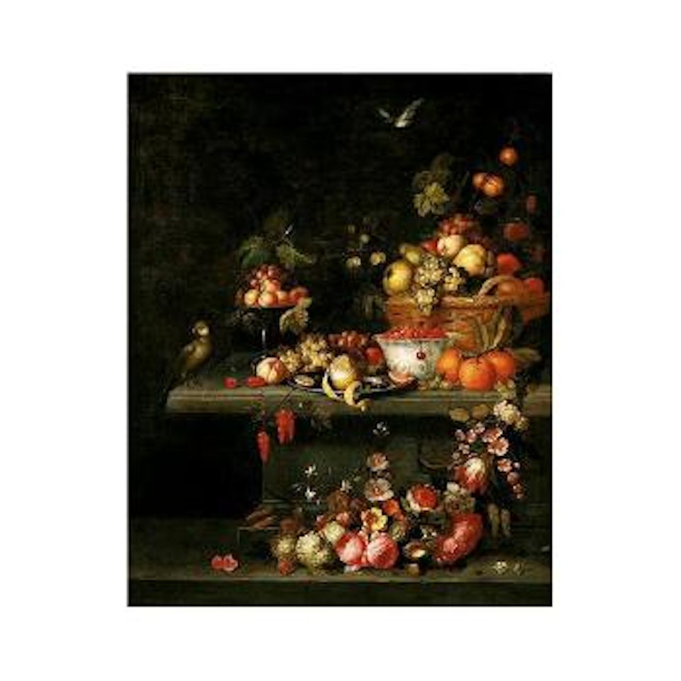 Still life with a basket of fruit, peeled lemon, garlands of flowers by Pseudo Simons