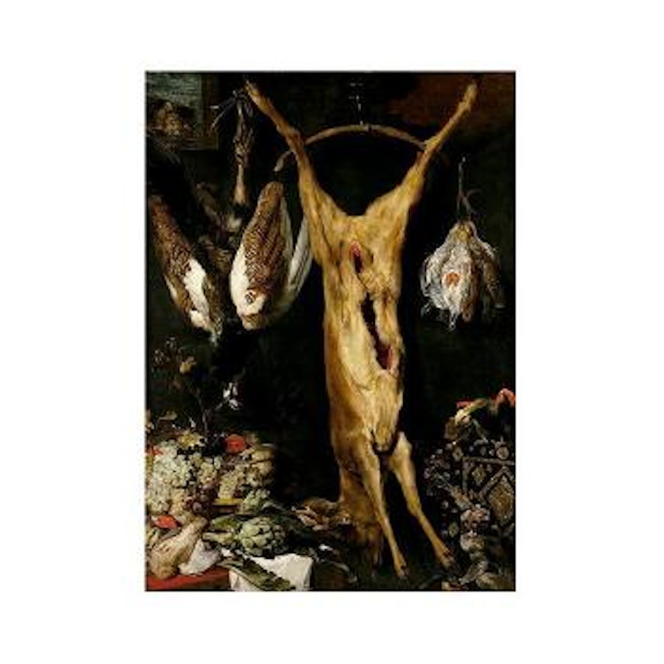 Still life of artichokes, fruits and hung peacock, roe buck, jumping cat and a monkey by Frans Snyders
