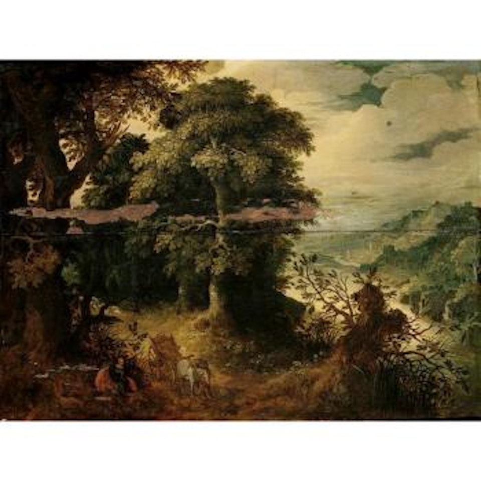 River landscape with travellers and their wagon resting by a track, city in the distance by Abraham Govaerts