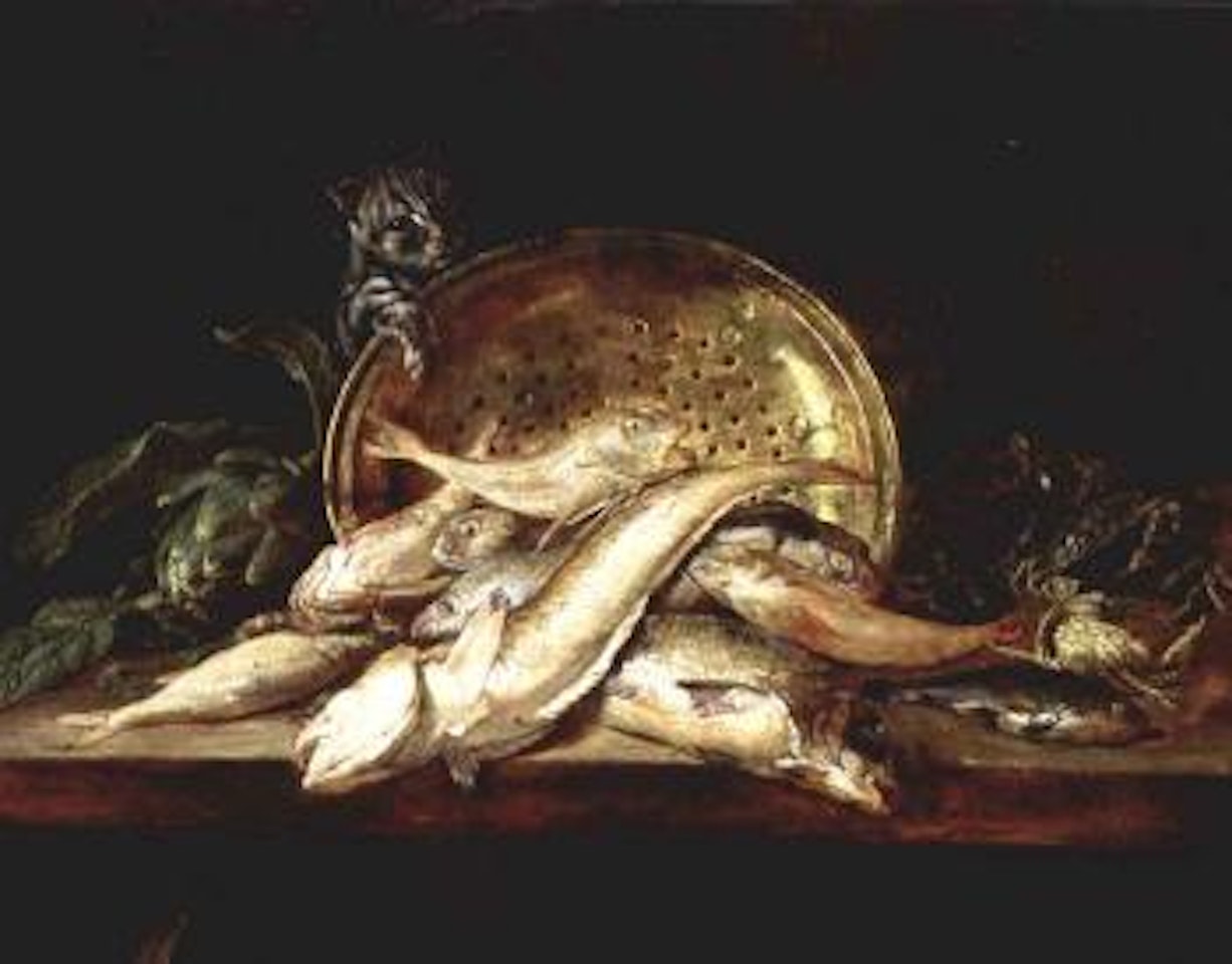 Fish, crabs, mussels, artichoke and copper pot, cat on a table by Adriaen van Utrecht