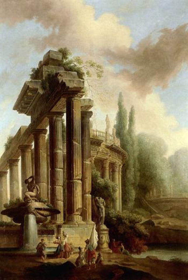 Architectural capriccio of classical ruins in a garden with figures by a fountain by Hubert Robert