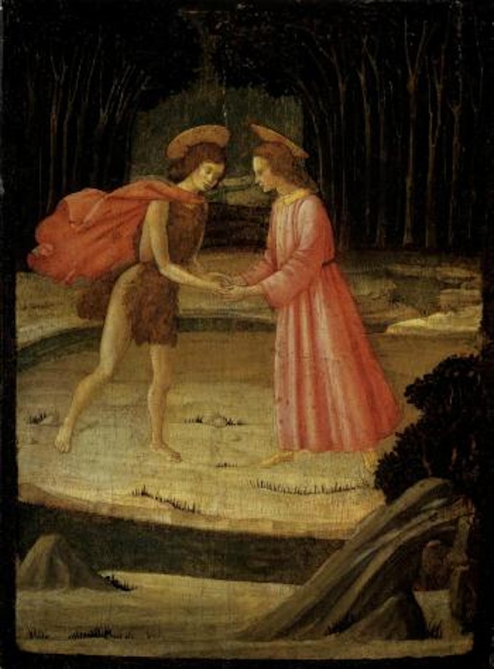 Meeting of Christ and Saint John the Baptist by the River Jordan. Trompe l'oeil door panel by Master of Marradi