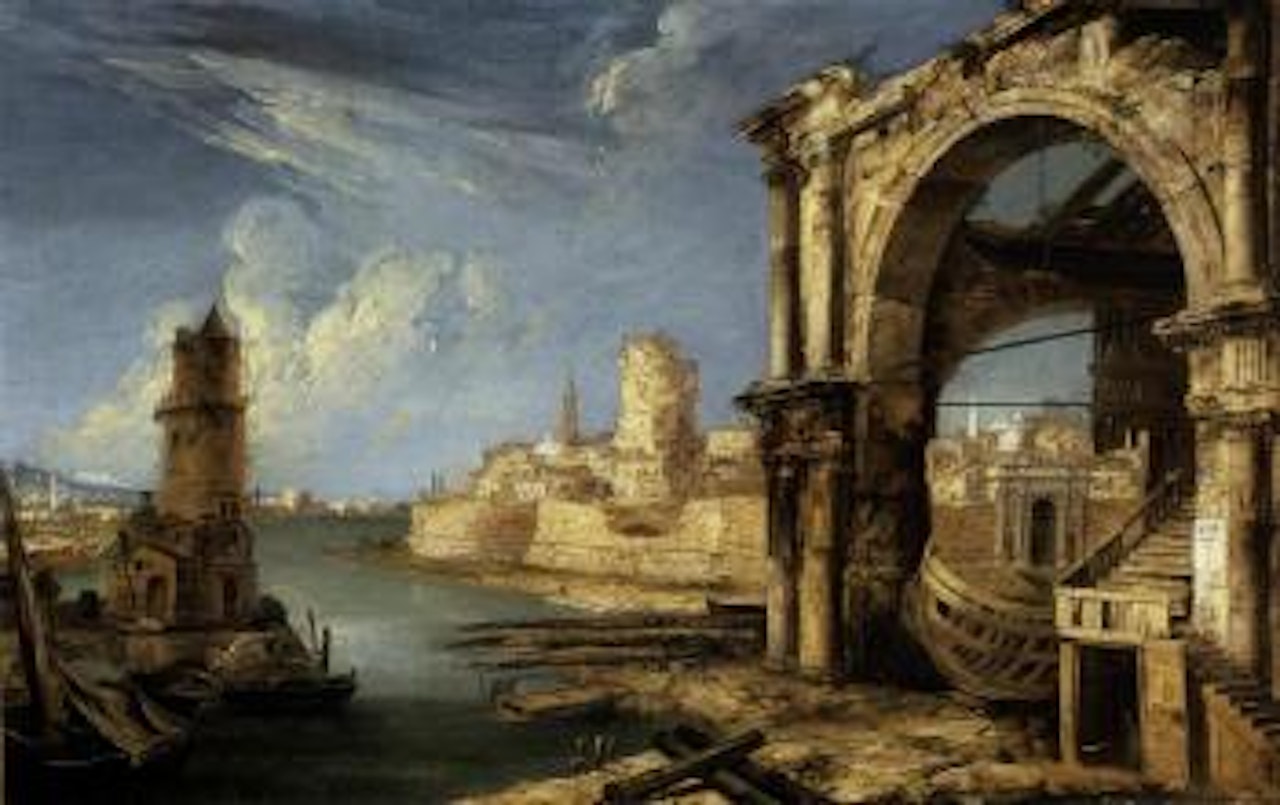 Capriccio of Roman buildings with a shipyard by a lagoon by Michele Marieschi