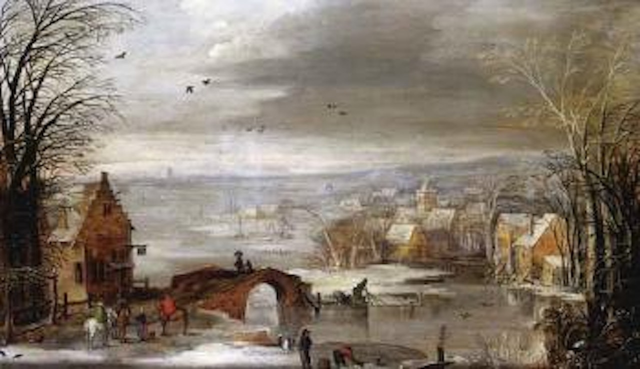 Landscape covered in snow with river by Joos de Momper the Younger