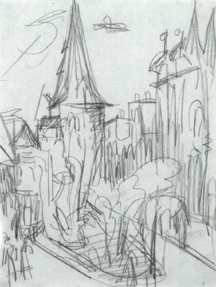 Inner city of Halle with red tower by Ernst Ludwig Kirchner