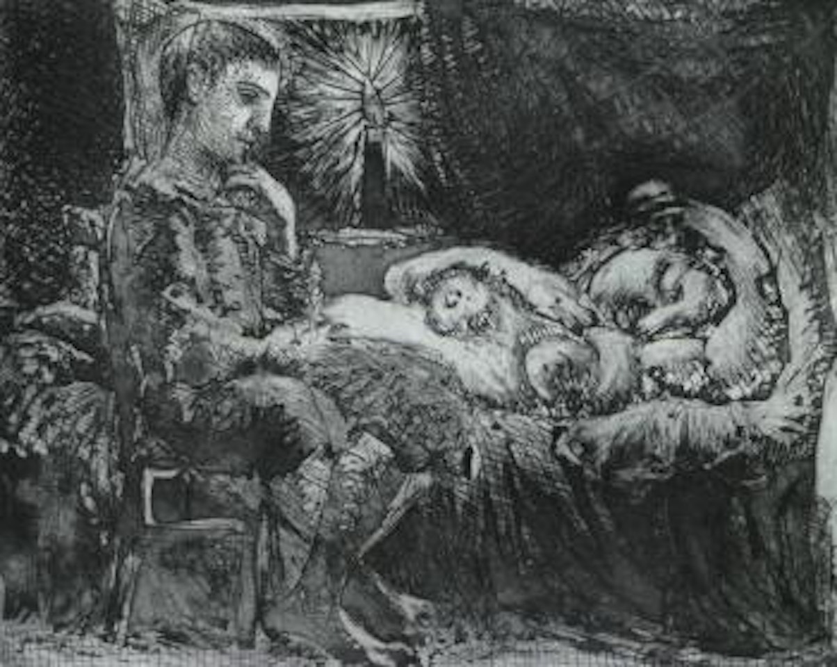 Garcon pensif veillant une dormeuse a la lumiere d'une chandelle by Pablo Picasso