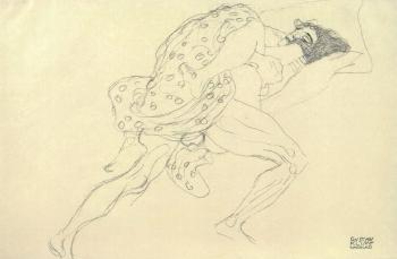 Loving couple to the right, with pillow by Gustav Klimt