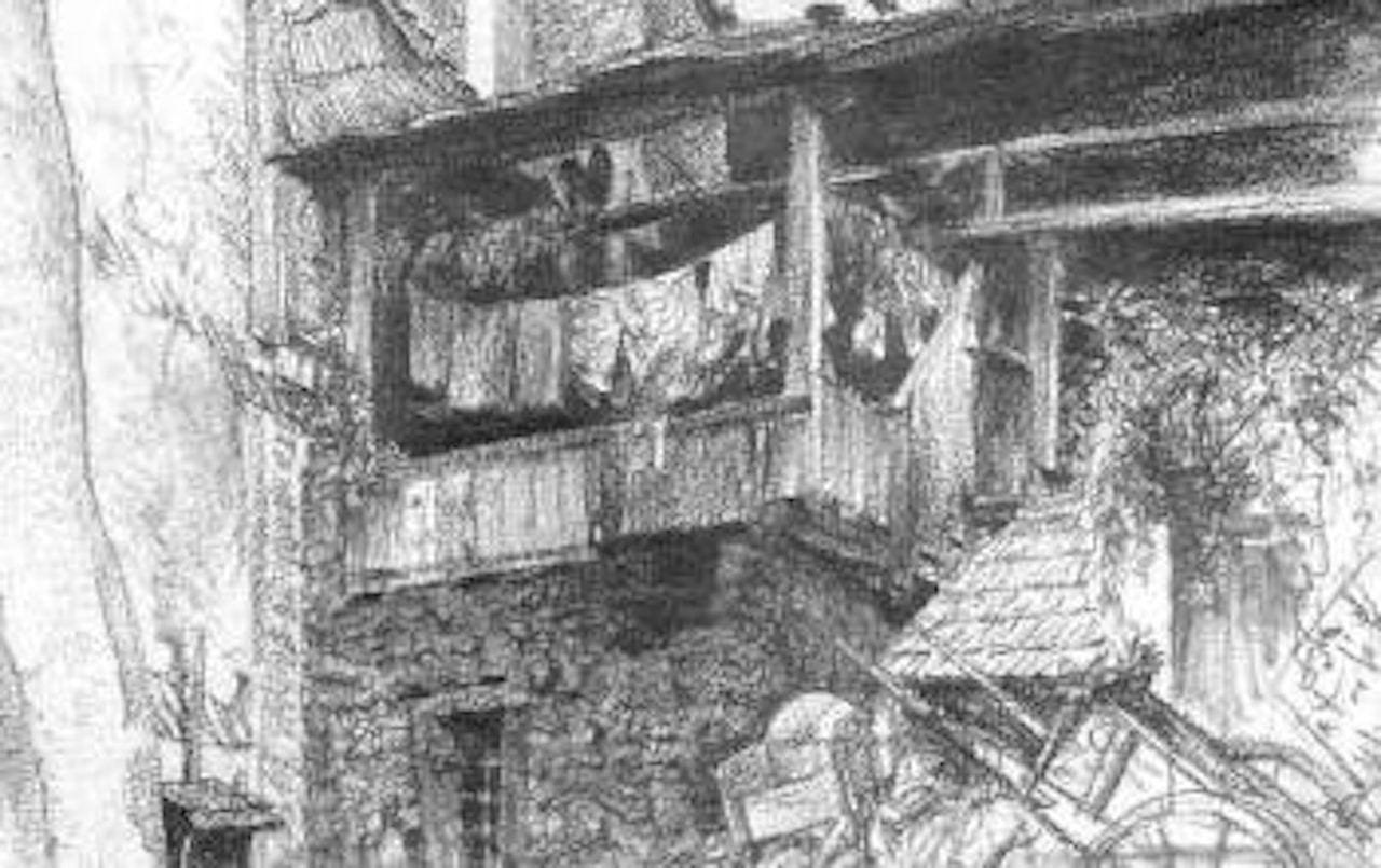 Washing on balcony of farmstead by Adolph Menzel